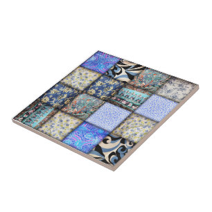 Blue Faux Patchwork Quilting Pattern Tegeltje