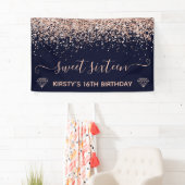 Blue & Faux Roos Gold Glitter Sweet 16 Spandoek (Insitu)