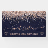 Blue & Faux Roos Gold Glitter Sweet 16 Spandoek (Horizontaal)