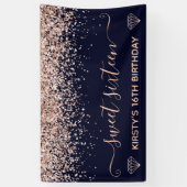 Blue & Faux Roos Gold Glitter Sweet 16 Spandoek (Verticaal)