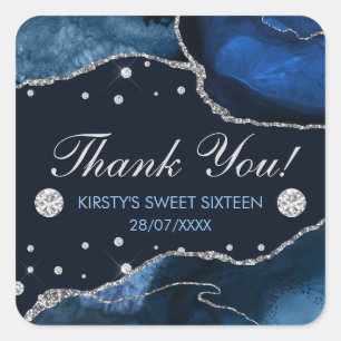 Blue & Faux Silver Glitter Agate Birthday Sweet 16 Vierkante Sticker