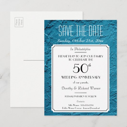 Blue Faux Textured Party Reunion Save the Date Aankondigingskaart (Voorkant / Achterkant)