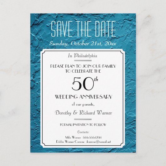Blue Faux Textured Party Reunion Save the Date Aankondigingskaart (Voorkant)