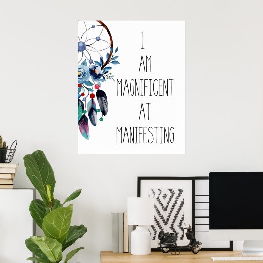 Blue Feather Dreamcatcher Floral Poster (Thuiskantoor)