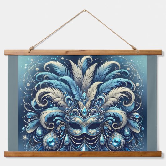 Blue Feather Masquerade Mask Illustration Hangend Wandkleed (Voorkant)