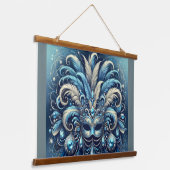 Blue Feather Masquerade Mask Illustration Hangend Wandkleed (Gebogen)