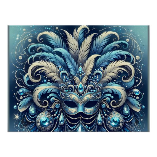 Blue Feather Masquerade Mask Illustration Perfect Poster (Voorkant)