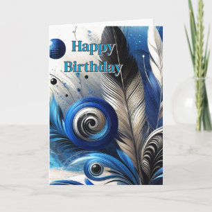 Blue Feathers Abstracte AI Art Happy Birthday Kaart