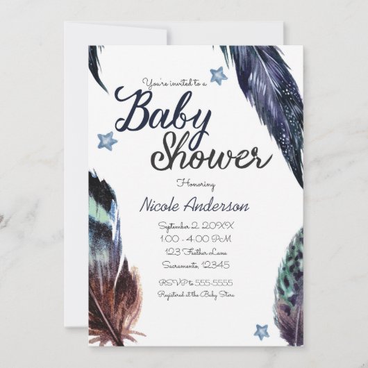 Blue Feathers Boho Bohemian Rustic Baby shower Kaart (Voorkant)