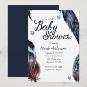 Blue Feathers Boho Bohemian Rustic Baby shower Kaart (Voorkant / Achterkant)