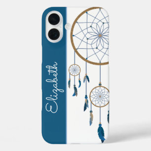 Blue Feathers Dreamweaver Custom Name Boho iPhone 16 Plus Hoesje