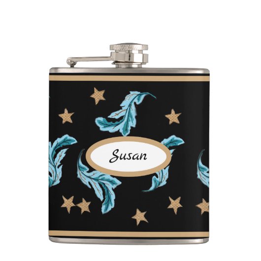 Blue Feathers en Gold Stars Boho Style op Black Heupfles (Voorkant)