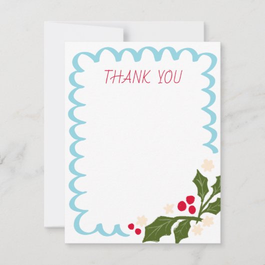 Blue Feestelijke Scallop Lijst met Holly Bedankkaart (Voorkant)