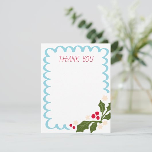 Blue Feestelijke Scallop Lijst met Holly Bedankkaart (Staand voorkant)