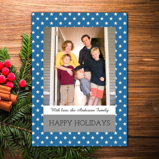 Blue Festive Stars Holiday Photo Flat Kaart