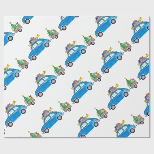 Blue Fiat 500 met Waterverf met kerstcadeaus Cadeaupapier (Vlak)