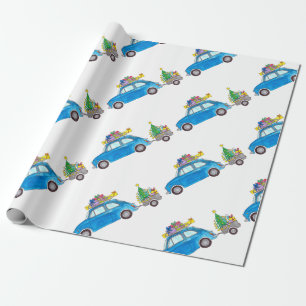 Blue Fiat 500 met Waterverf met kerstcadeaus Cadeaupapier