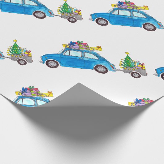Blue Fiat 500 met Waterverf met kerstcadeaus Cadeaupapier (Hoek)