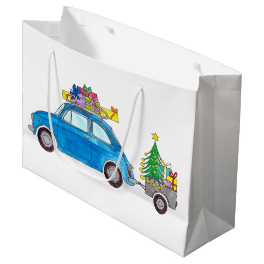 Blue Fiat 500 met Waterverf met kerstcadeaus Groot Cadeauzakje (Voorkant Gekanteld)