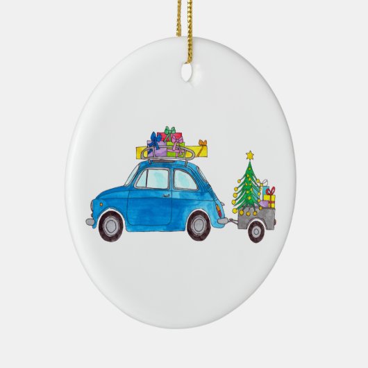 Blue Fiat 500 met Waterverf met kerstcadeaus Keramisch Ornament (Rechts)