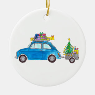 Blue Fiat 500 met Waterverf met kerstcadeaus Keramisch Ornament