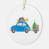 Blue Fiat 500 met Waterverf met kerstcadeaus Keramisch Ornament (Links)