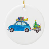 Blue Fiat 500 met Waterverf met kerstcadeaus Keramisch Ornament (Achterkant)