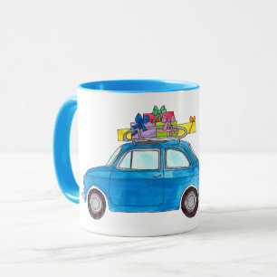 Blue Fiat 500 met Waterverf met kerstcadeaus Mok