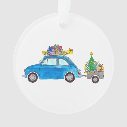 Blue Fiat 500 met Waterverf met kerstcadeaus Ornament (voorkant)