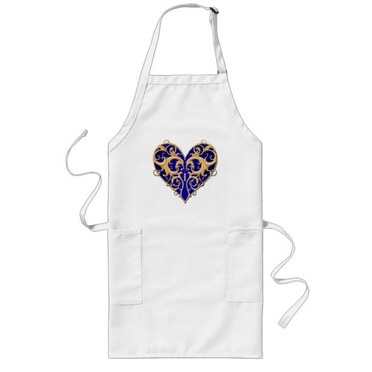 Blue Filigree Heart Apron Lang Schort (Voorkant)