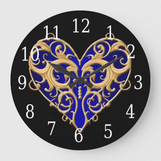 Blue Filigree Heart Clock Grote Klok (Voorkant)