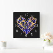 Blue Filigree Heart Clock Vierkante Klok (Huis)