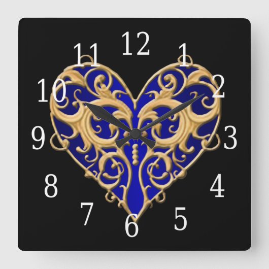 Blue Filigree Heart Clock Vierkante Klok (Voorkant)