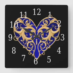 Blue Filigree Heart Clock Vierkante Klok