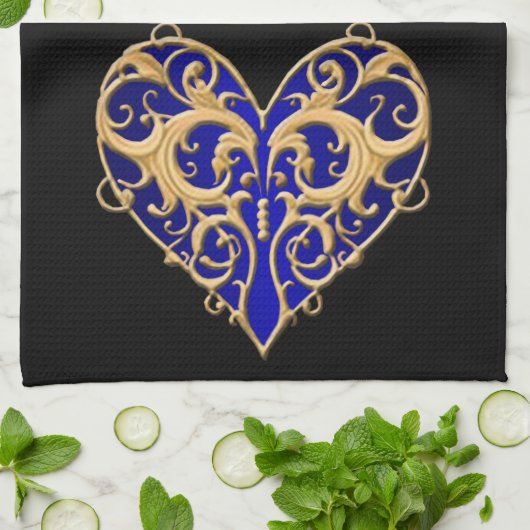 Blue Filigree Heart Kitchen Towel Theedoek (Gevouwen)
