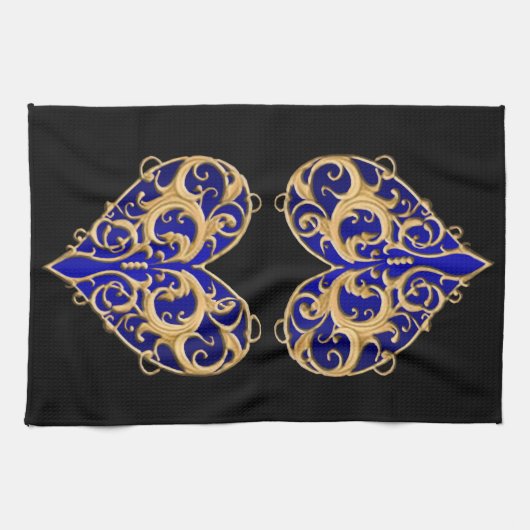 Blue Filigree Heart Kitchen Towel Theedoek (Horizontaal)