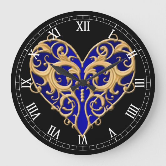 Blue Filigree Heart Roman Numeral Clock Grote Klok (Voorkant)