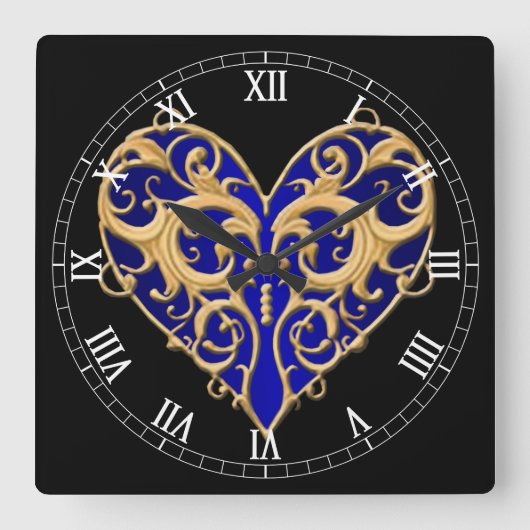 Blue Filigree Heart Roman Numeral Clock Vierkante Klok (Voorkant)