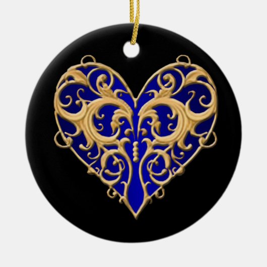 Blue Filigree Heart Round Ornament (Voorkant)