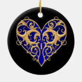 Blue Filigree Heart Round Ornament (Achterkant)