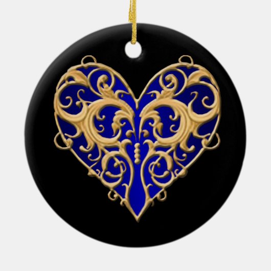 Blue Filigree Heart Round Ornament (Achterkant)