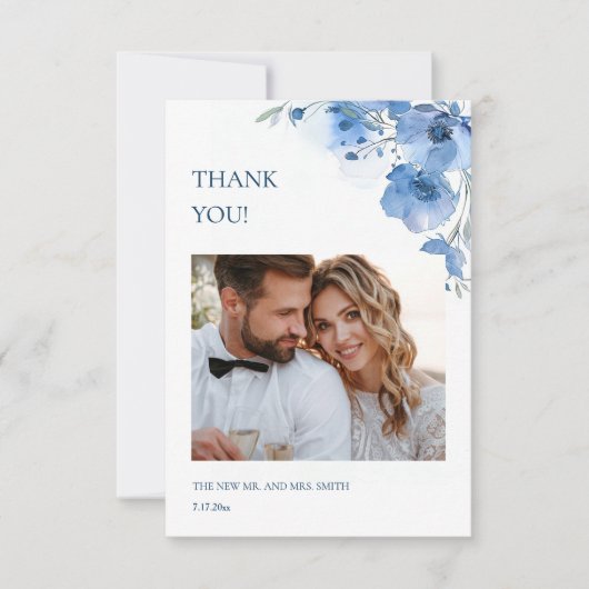 Blue Fine Art Flowers Wedding Thank You Card Bedankkaart (Voorkant)