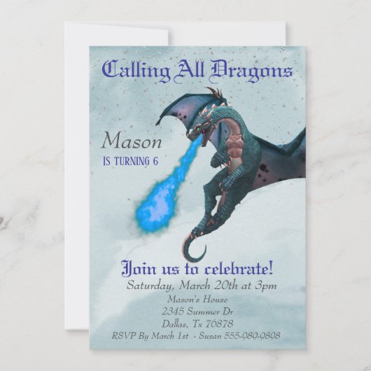 Blue Fire Breathing Dragon Serpent Birthday Party Kaart (Voorkant)