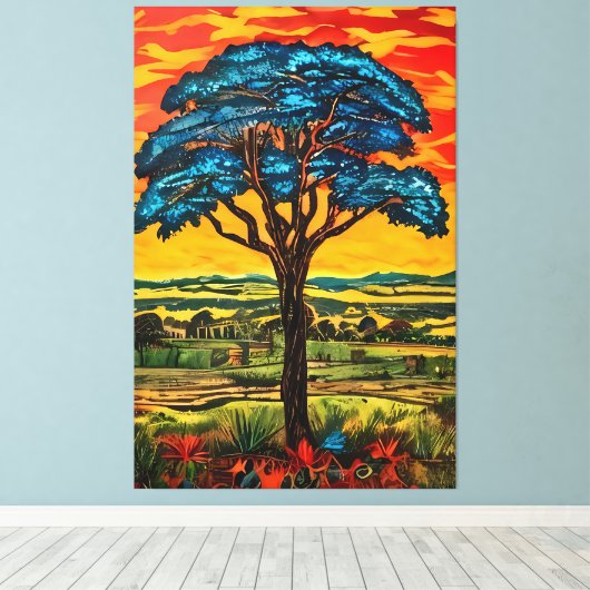 Blue Fire Tree Canvas Afdruk (Insitu (Houten vloer))