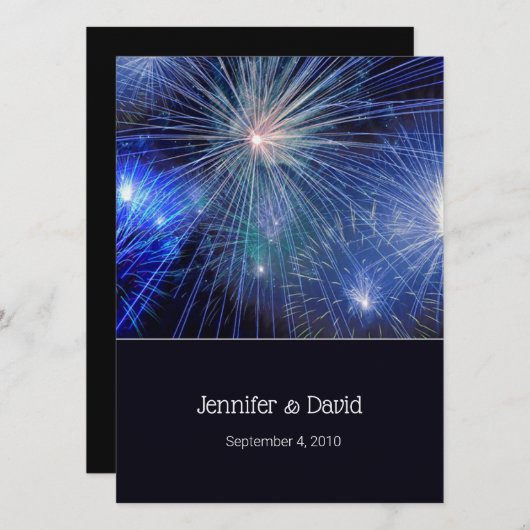 Blue Fireworks Wedding Invitation Kaart (Voorkant / Achterkant)