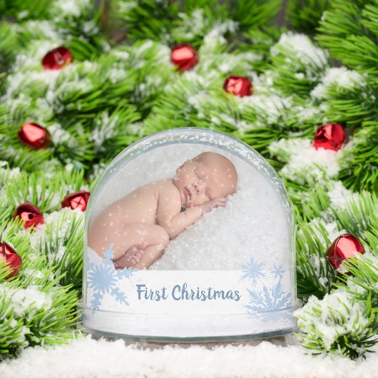 Blue First Christmas Double Photo Sneeuwbol (Kerstmis)