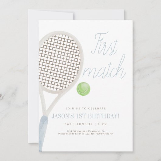 Blue First Match Tennis Birthday Invitation Bedankkaart (Voorkant)