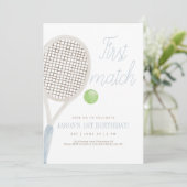Blue First Match Tennis Birthday Invitation Bedankkaart (Staand voorkant)