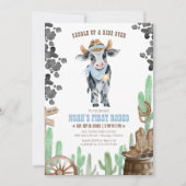 Blue First Rodeo 1st Birthday Invitation, Boy Cow  Kaart (Voorkant)