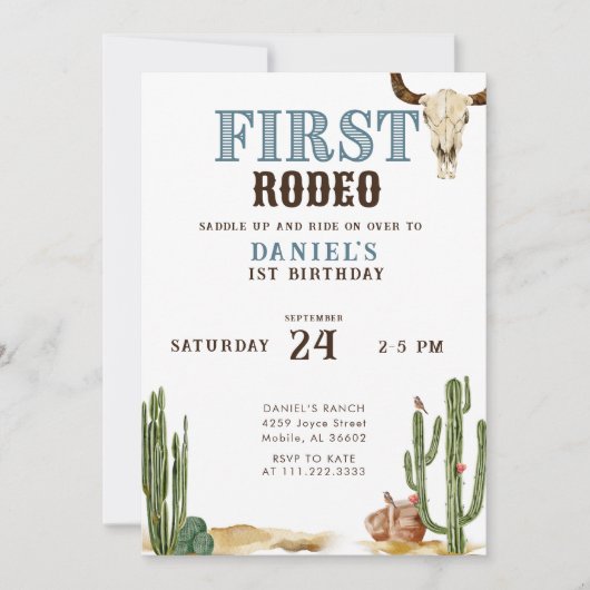 Blue First Rodeo Western Cowboy 1st Birthday Kaart (Voorkant)